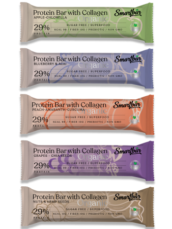 Батончик протеиновый Smartbar Protein ORGANIC "Ассорти" (Черника и асаи, Яблоко и хлорелла, Виноград и Чиа, Персик и Куркума, Орехи и Конопля), 5 шт. х 40 г